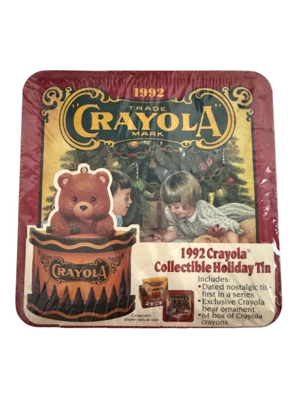 1992 Crayola Collectible Holiday Tin Sealed 64 Crayons Bear Ornament First Serie